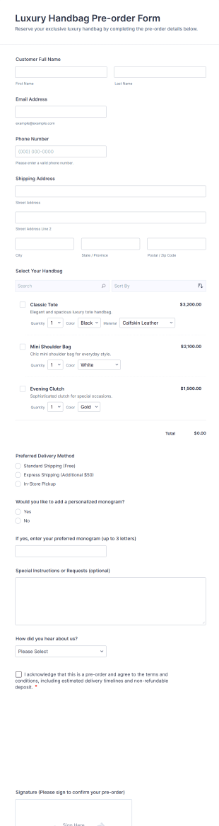 Luxury Handbag Pre Order Form Template