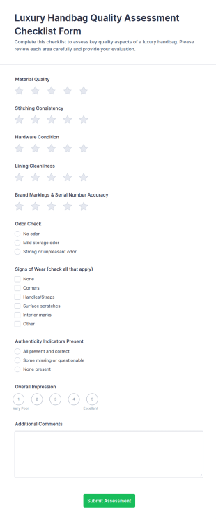 Luxury Handbag Quality Assessment Checklist Form Template