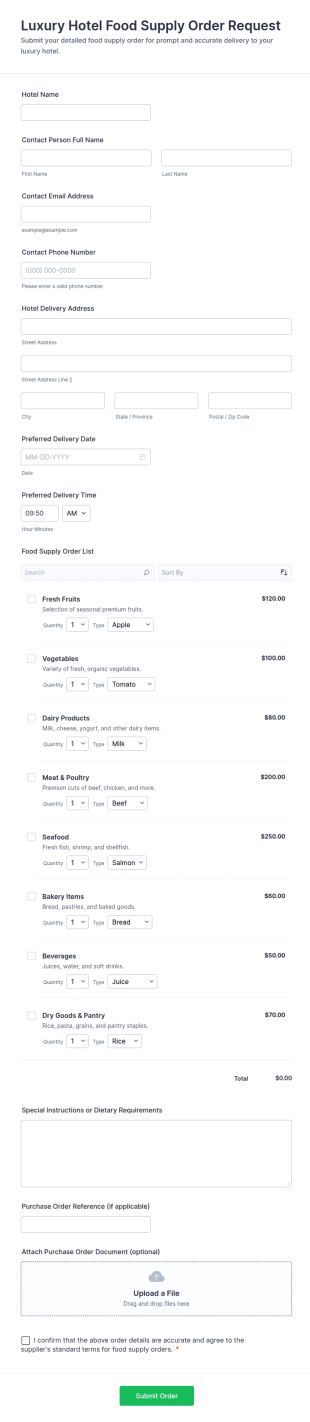 Luxury Hotel Food Supply Order Request Form Template