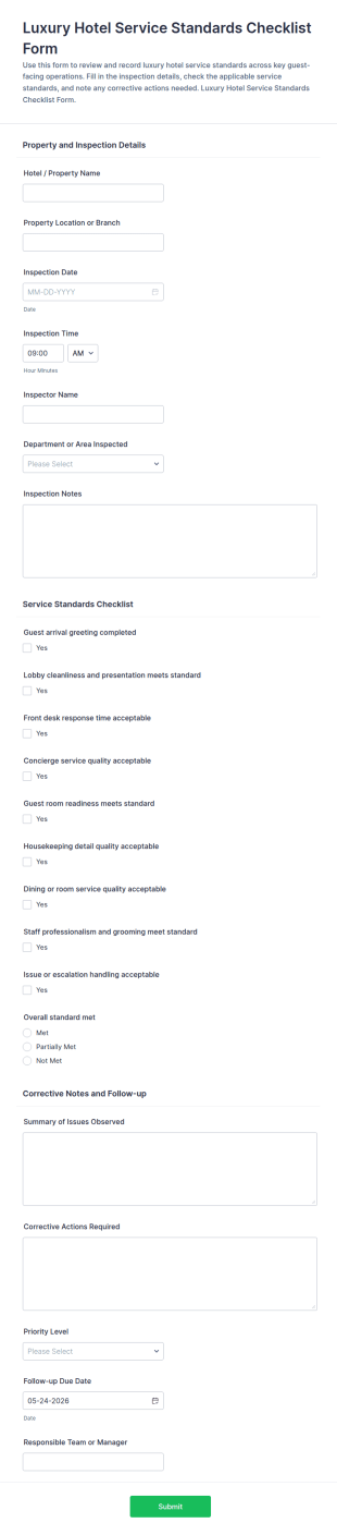 Luxury Hotel Service Standards Checklist Form Template