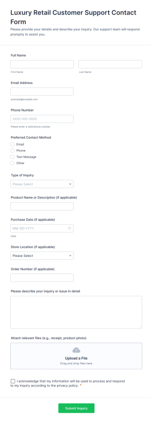 Luxury Retail Customer Support Contact Form Template