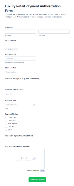 Luxury Retail Payment Authorization Form Template