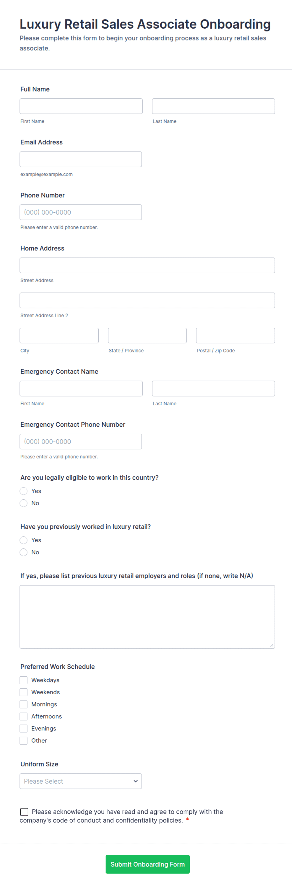 Luxury Retail Sales Associate Onboarding Form Template | Jotform