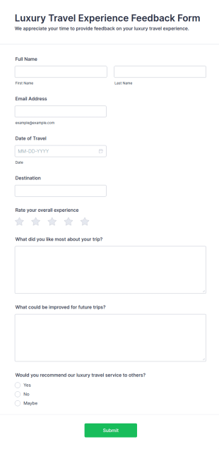 Luxury Travel Experience Feedback Form Template