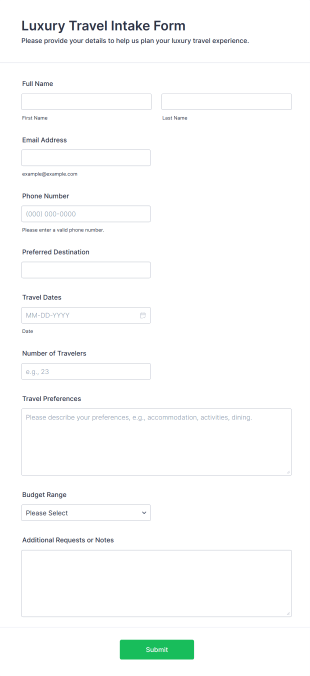 Luxury Travel Intake Form Form Template