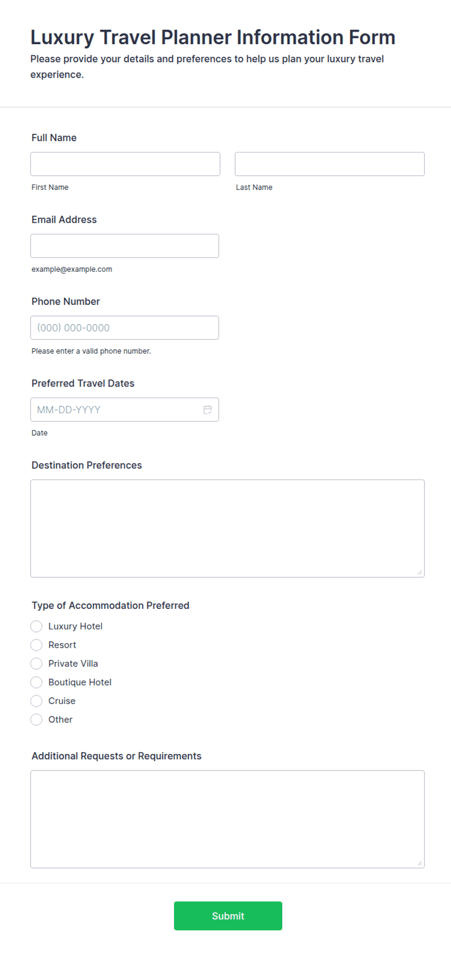 Luxury Travel Planner Information Form Template | Jotform