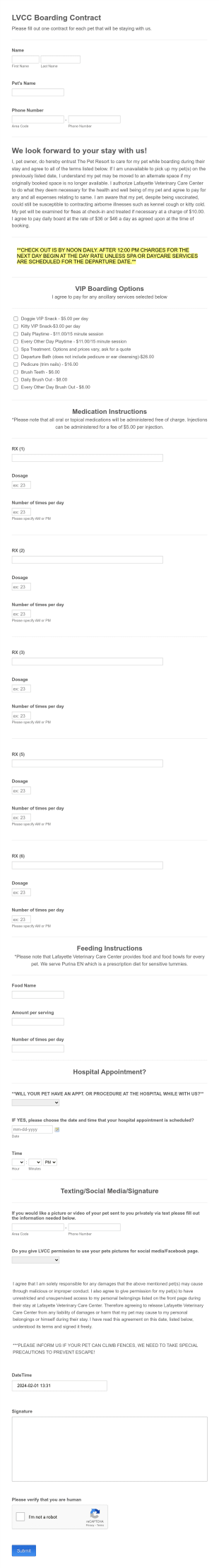 LVCC Boarding Contract Form Template