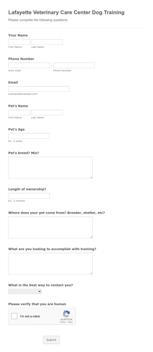 LVCC Dog Training Questionnaire Form Template