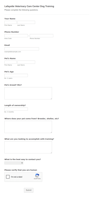 LVCC Dog Training Questionnaire Form Template