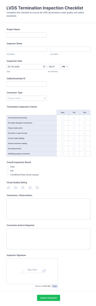 LVDS Termination Inspection Checklist Form Template