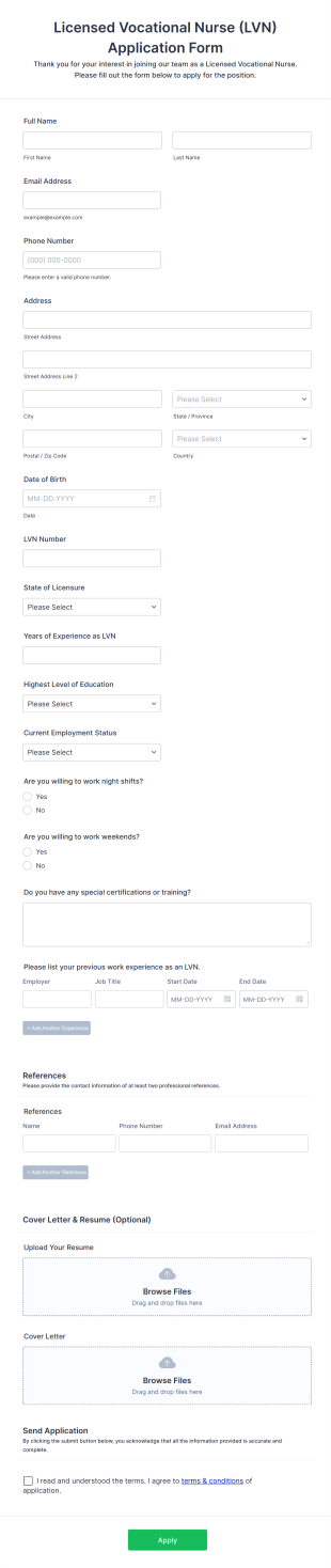 Licensed Vocational Nurse (LVN) Application Form Template