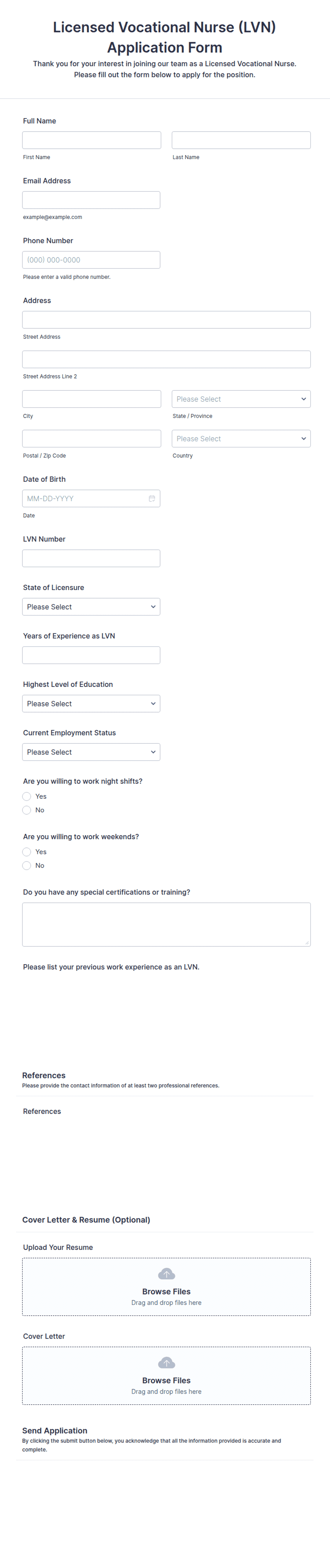 Sample Lvs Program Form Licensed Vocational Nurse (LVN) Application Form Template | Jotform