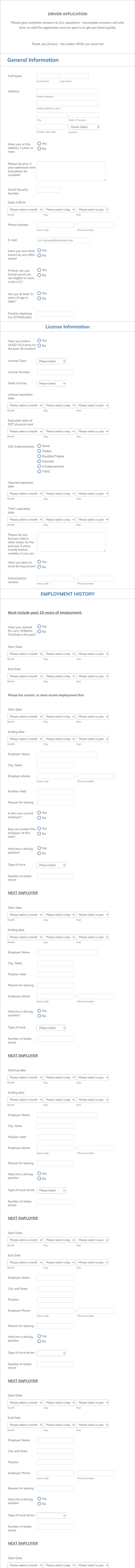 LWT Truck Driver Application Form Template