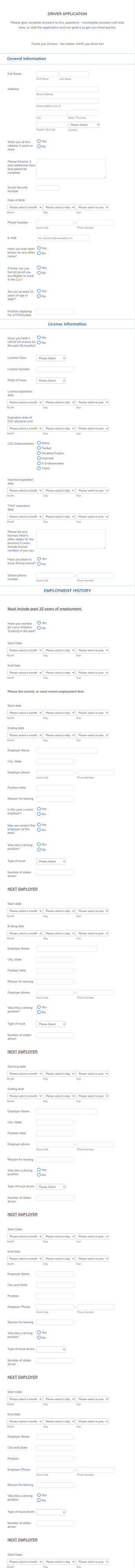 LWT Truck Driver Application Form Template