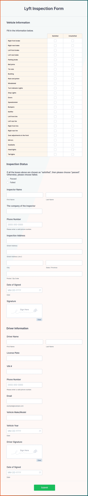 Lyft Inspection Form Template
