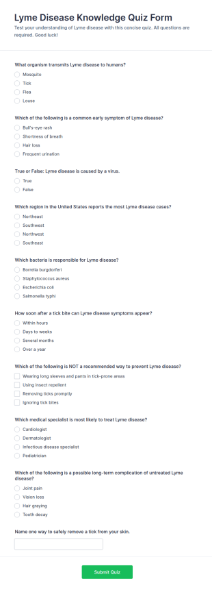 Lyme Disease Knowledge Quiz Form Template
