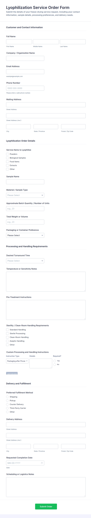 Lyophilization Service Order Form Template