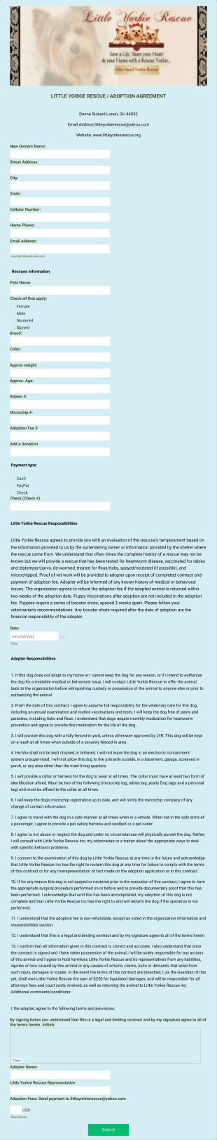 LYR Pet Adoption AgreementContract Form Template