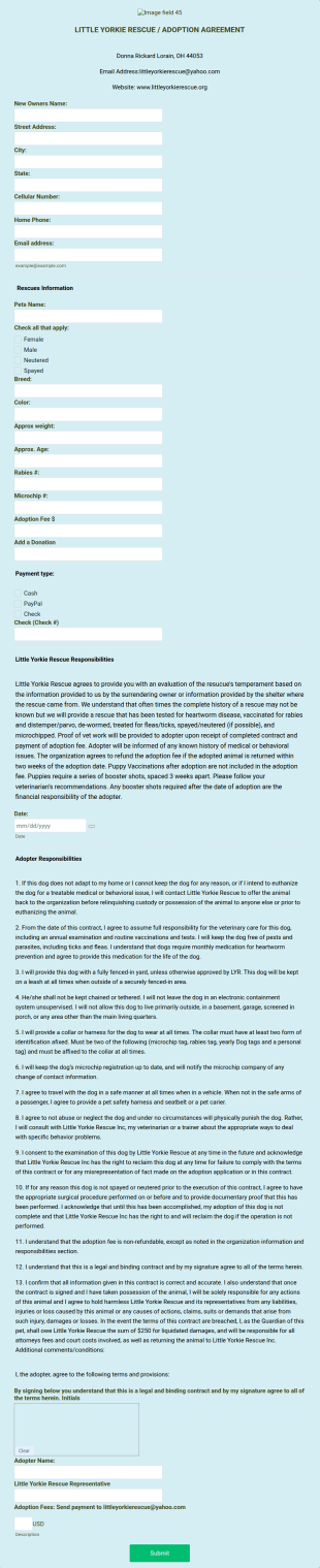 LYR Pet Adoption AgreementContract Form Template