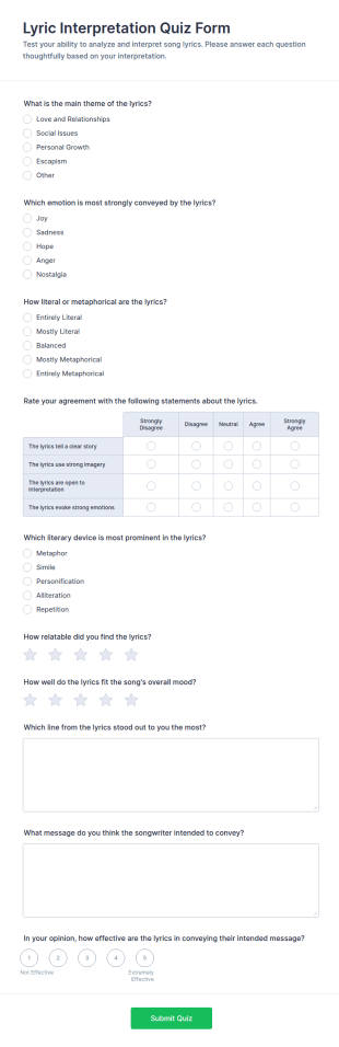 Lyric Interpretation Quiz Form Template