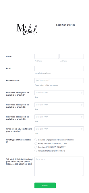 Photography Booking Form Template