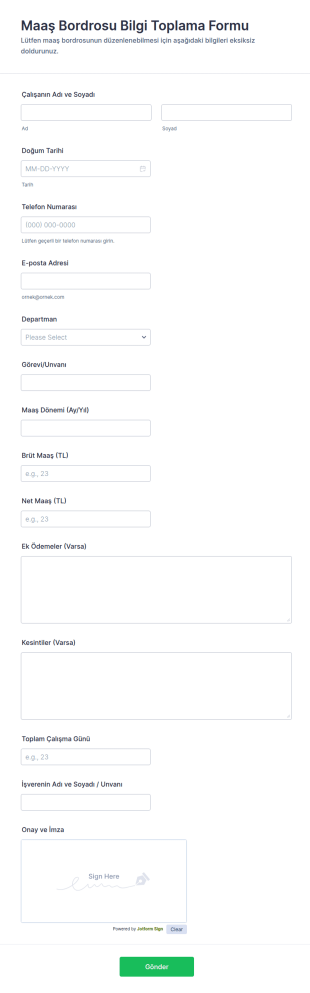 Maaş Bordrosu Bilgi Toplama Form Şablonu