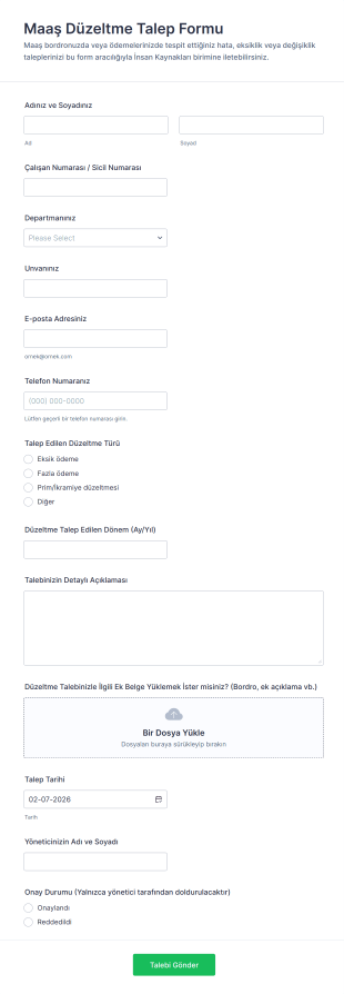 Maaş Düzeltme Talep Form Şablonu