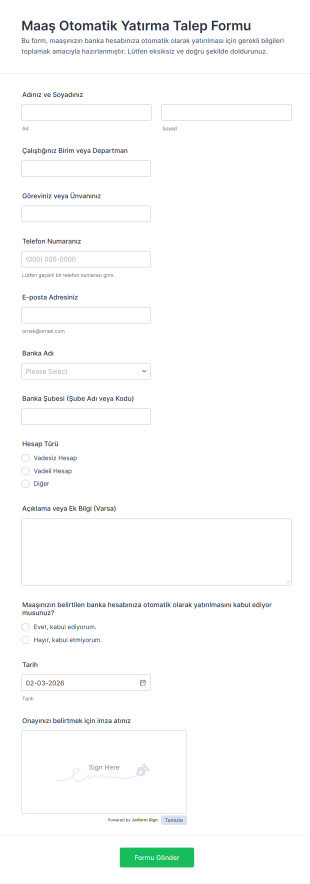 Maaş Otomatik Yatırma Talep Form Şablonu