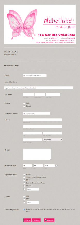 Fashion Product Order Form Template