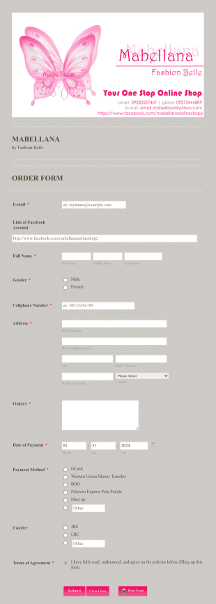 Fashion Product Order Form Template