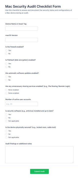 Mac Security Audit Checklist Form Template