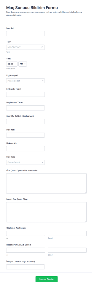 Maç Sonucu Gönderim Form Şablonu