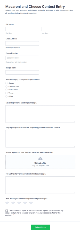 Macaroni And Cheese Contest Entry Form Template