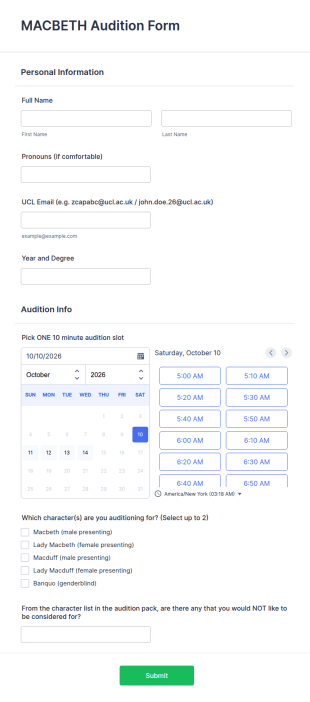 Macbeth Audition Form Template