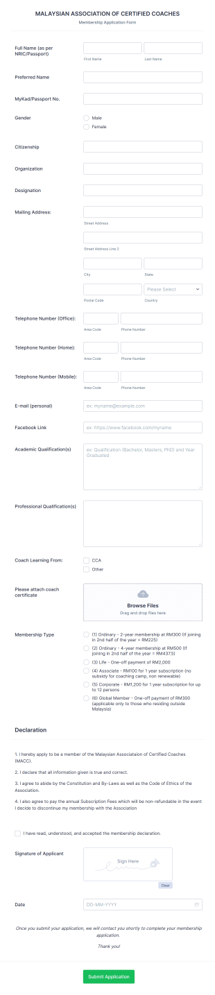 Association Membership Registration Form Template