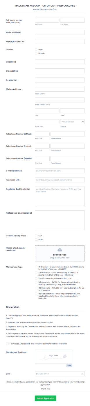 Association Membership Registration Form Template