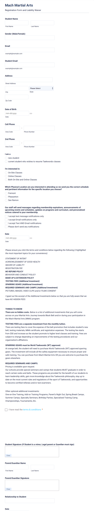 Martial Arts Registration And Liability Waiver Form Template
