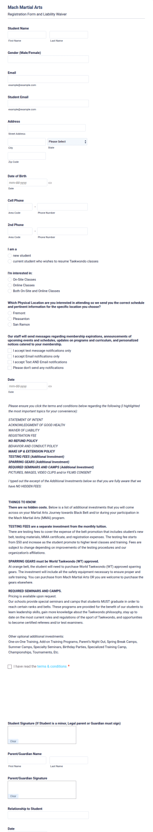 Martial Arts Registration And Liability Waiver Form Template