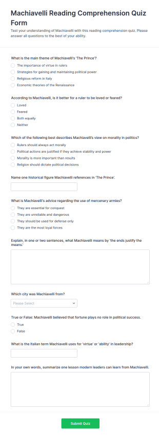 Machiavelli Reading Comprehension Quiz Form Template