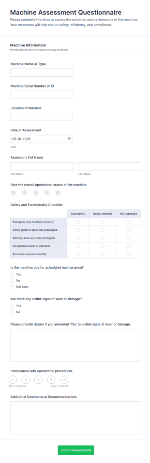 Machine Assessment Questionnaire Form Template
