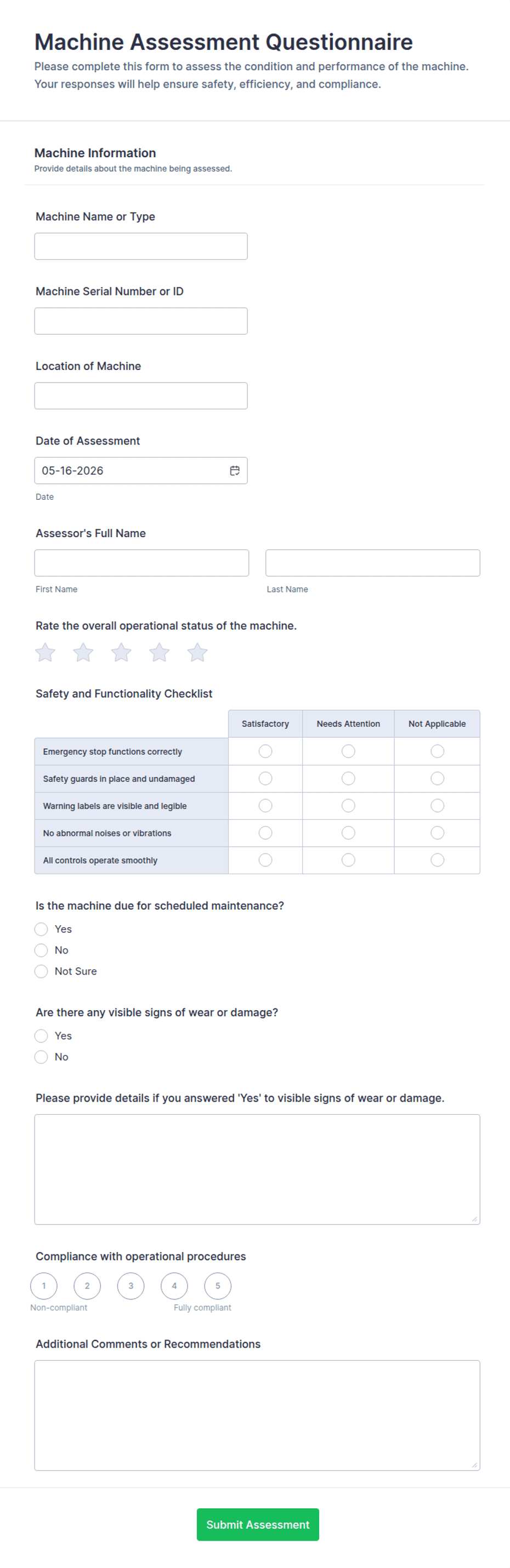 Machine Questionnaire Questions Machine Assessment Questionnaire Form Template | Jotform