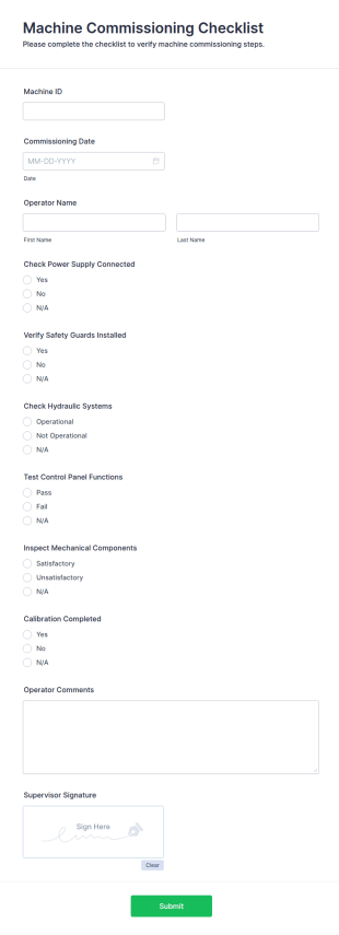 Machine Commissioning Checklist Form Template
