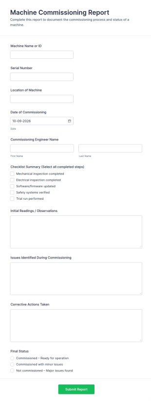 Machine Commissioning Report Form Template
