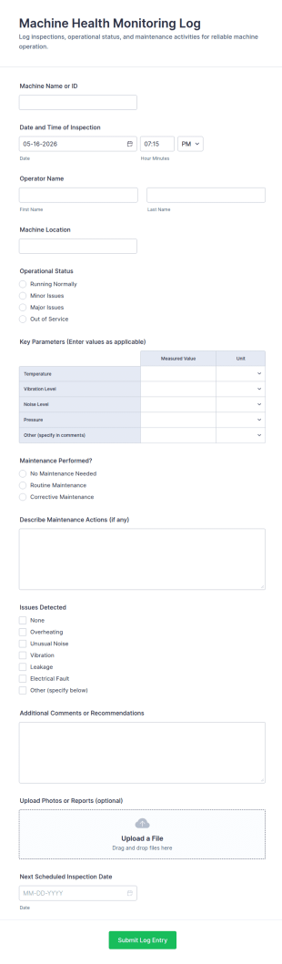 Machine Health Monitoring Log Form Template
