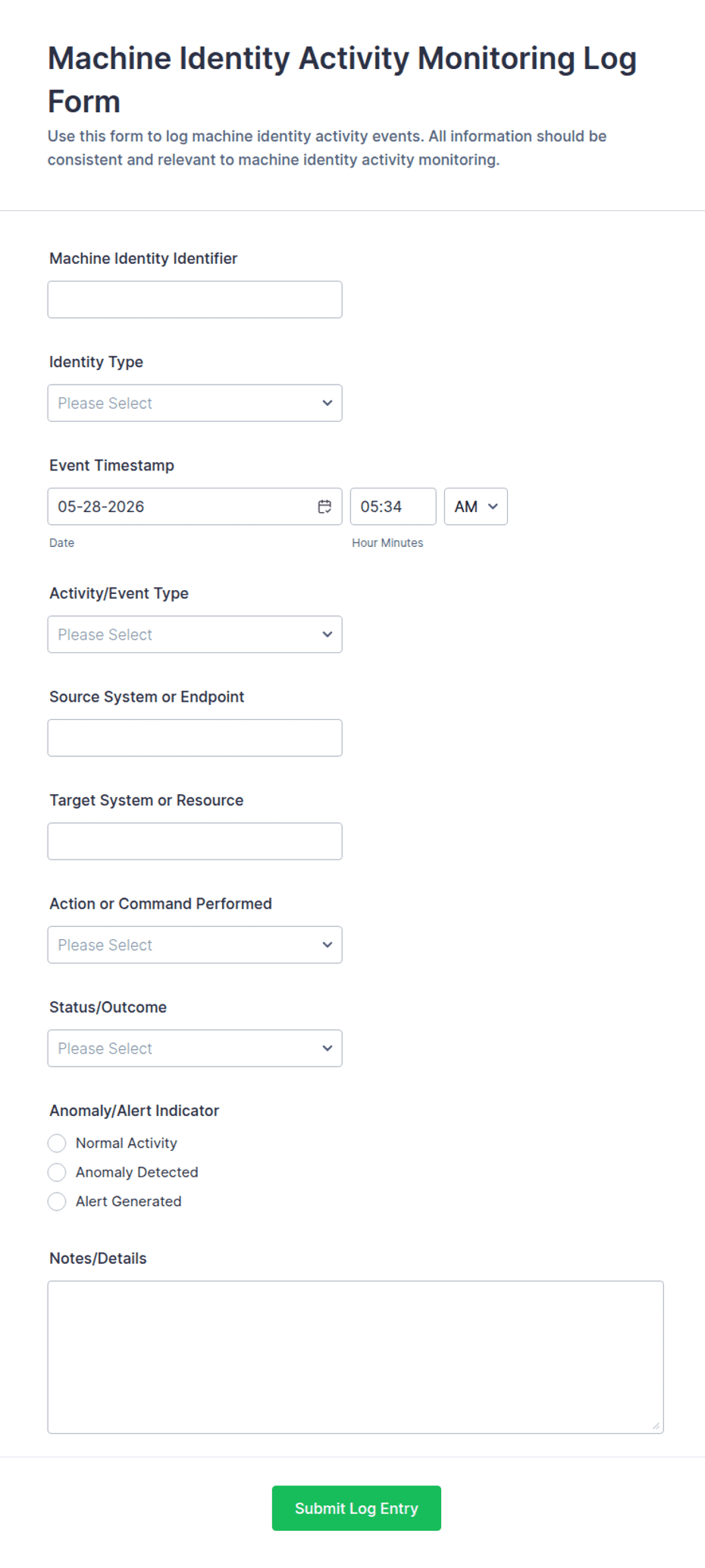 Machine Identity Activity Monitoring Log Form Template | Jotform