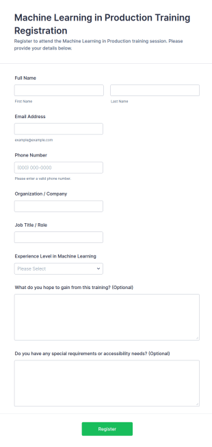 Machine Learning In Production Training Registration Form Template