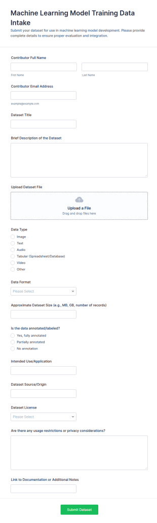 Machine Learning Model Training Data Intake Form Template