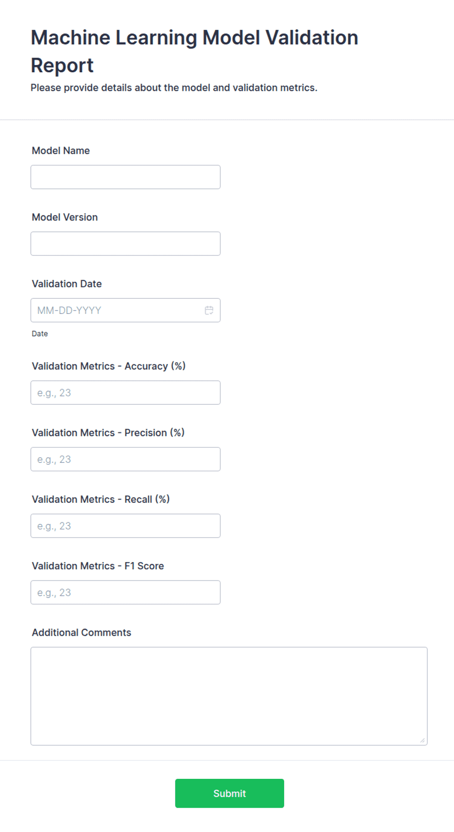 Validation Machine Report Example Machine Learning Model Validation Report Form Template | Jotform