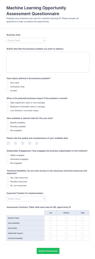 Machine Learning Opportunity Assessment Questionnaire Form Template