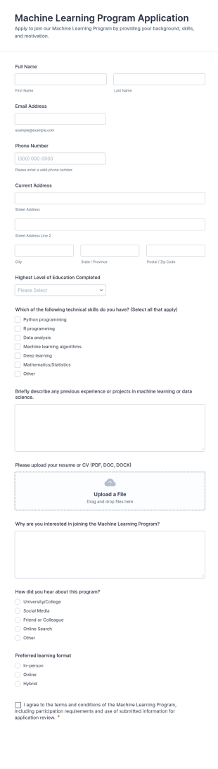 Machine Learning Program Application Form Template